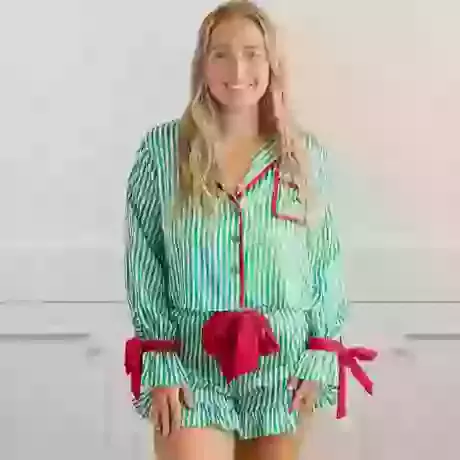 Green Stripe Satin Ruffle Short Pj Set